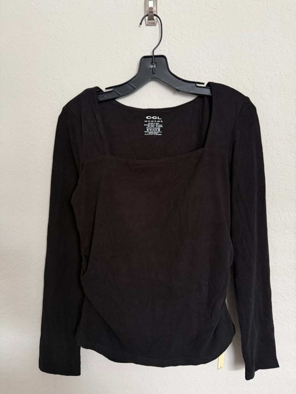 NWT OGL Black Square Neck Built in Bra Top XL Long Sleeve Minimalist Athleisure